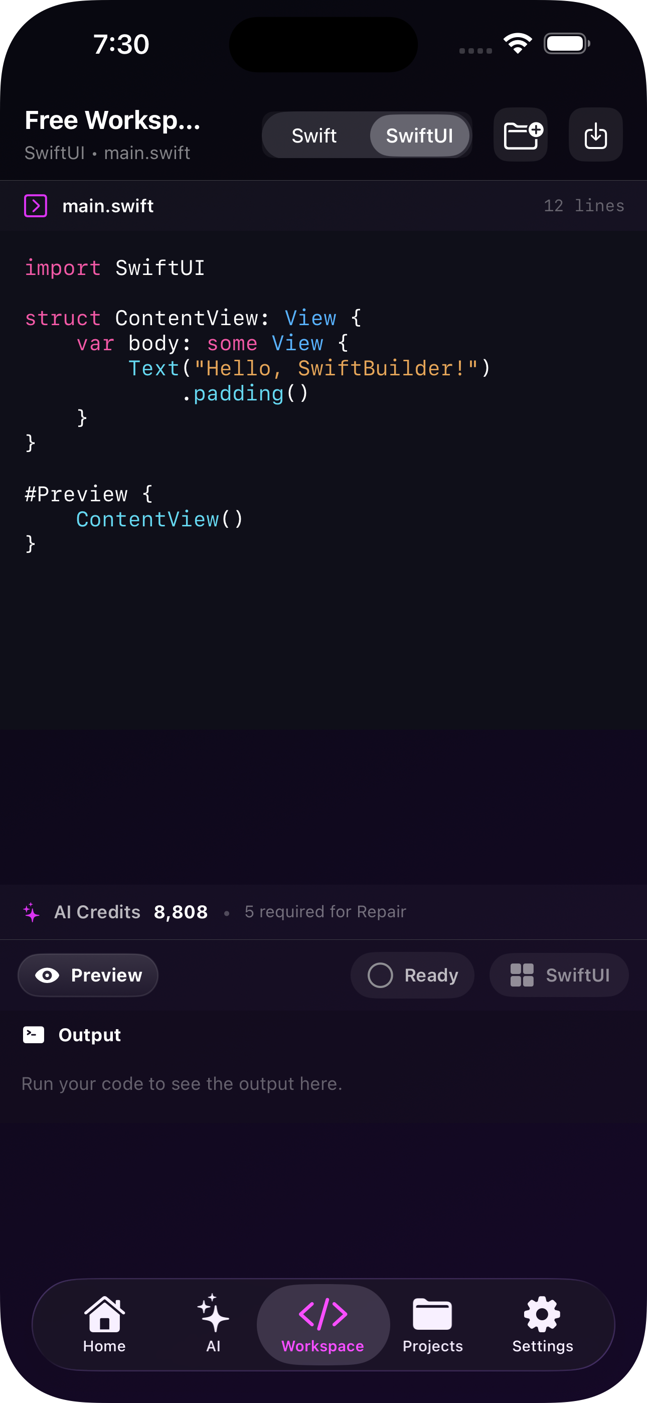 SwiftBuilder Workspace — SwiftUI code editor with AI Credits and Preview